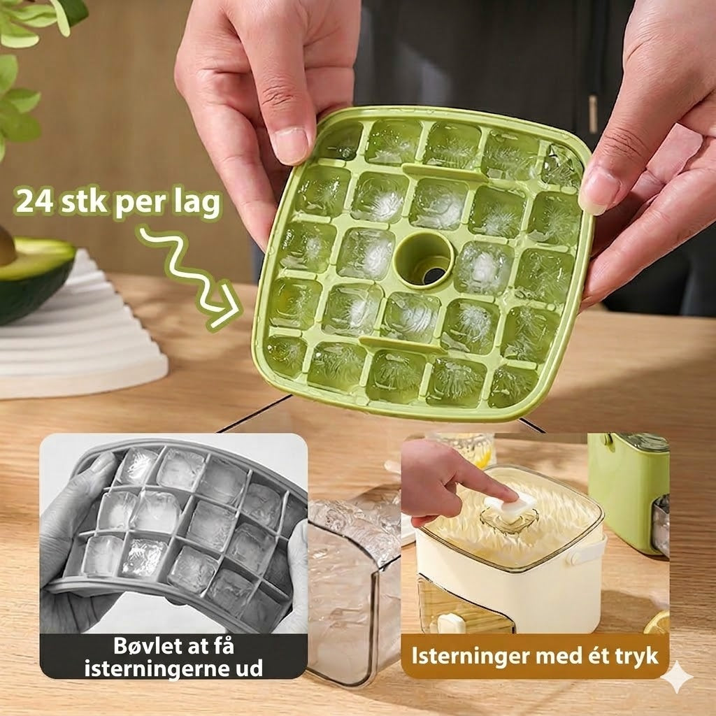 Isterningebakke i silikone med låg – klembar iskop med håndtag