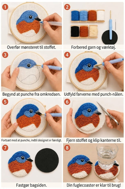 DIY-sæt til at hækle glasbrikker med fuglemotiv