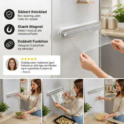 Magnetisk vægophængt dispenser til stanniol og husholdningsfilm med sikkerhedsskærer