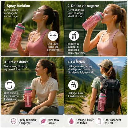 2-i-1 sportsvandflaske med sprayfunktion og sugerør – stor kapacitet og lækagefri