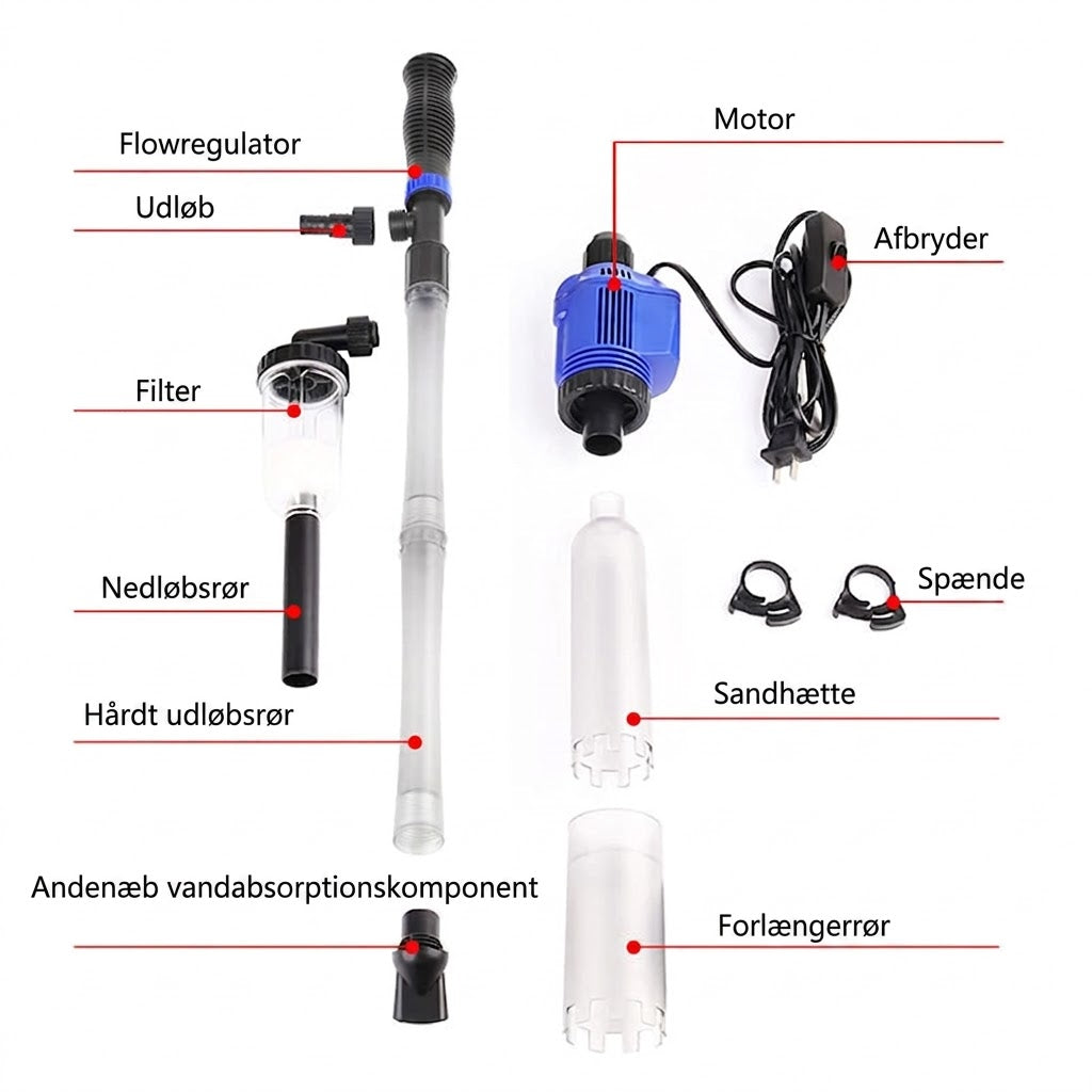 Elektrisk slamsuger og vandskifter til akvarium – 3-i-1 bundrenser – med filtreringsfunktion