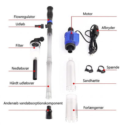 Elektrisk slamsuger og vandskifter til akvarium – 3-i-1 bundrenser – med filtreringsfunktion