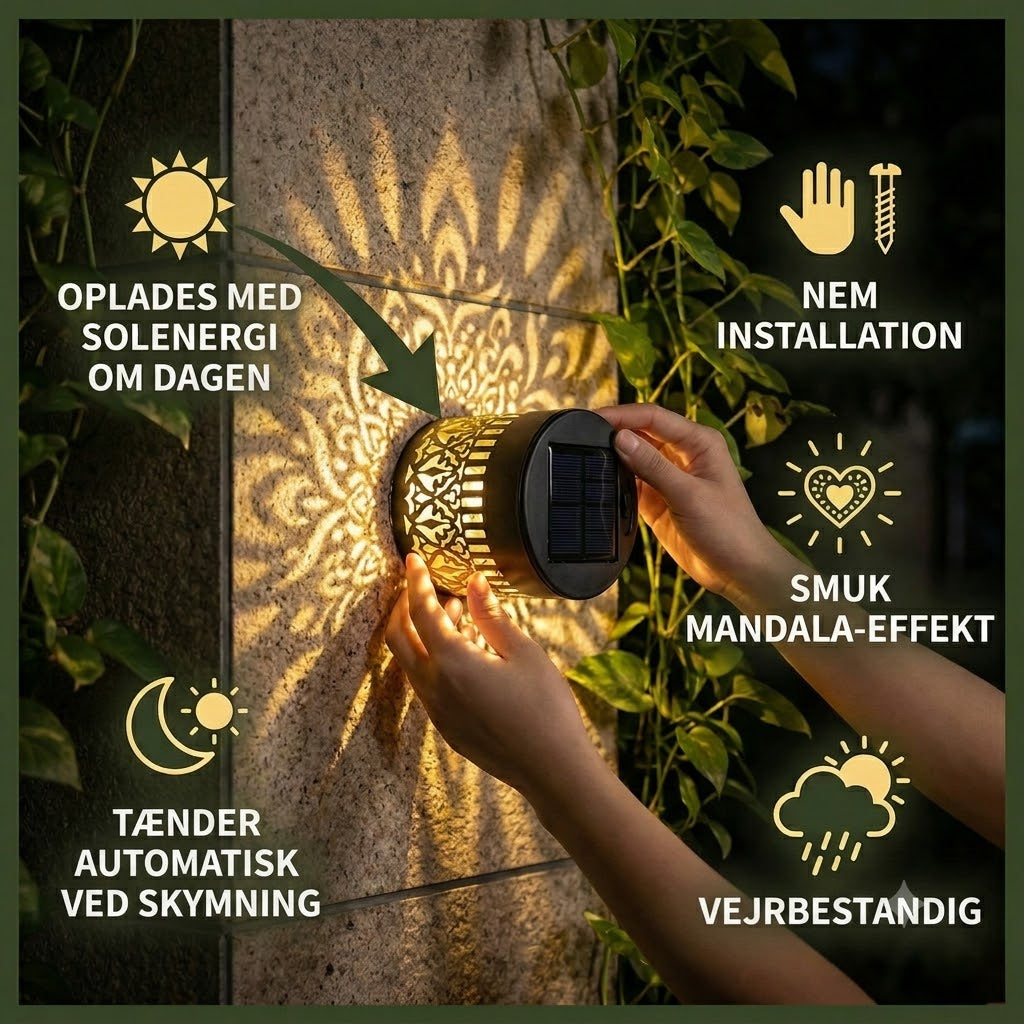 LED solcellevæglampe med mandala-mønster – udendørs belysning til have, hegn og terrasse
