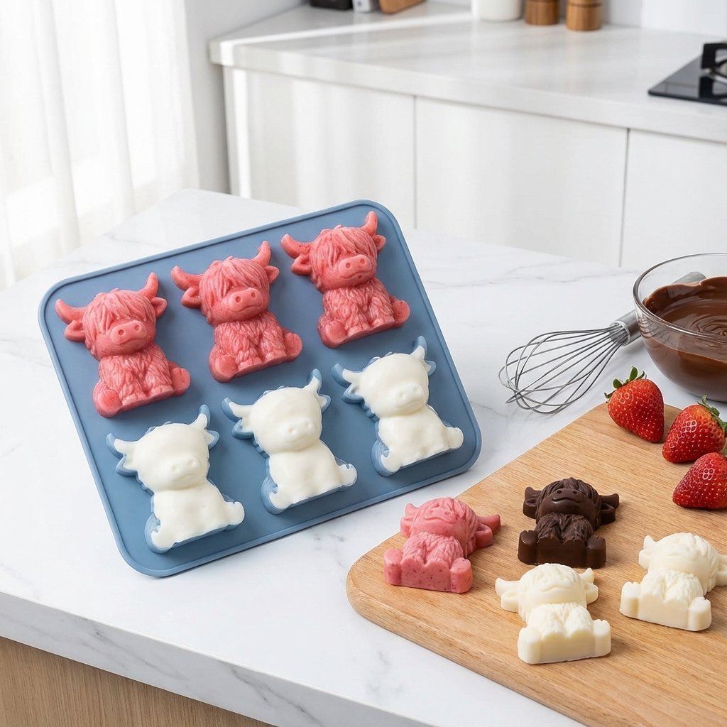 🐮 Mini skotsk højlandskvæg – 3D silikone-isterningform