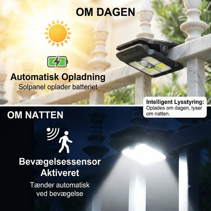 Praktisk klemme-solcellelampe med bevægelsessensor