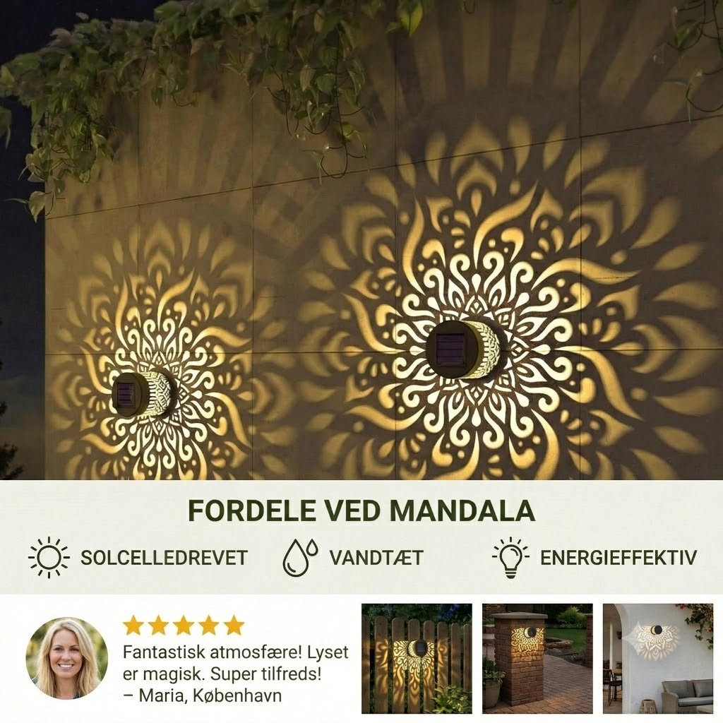 LED solcellevæglampe med mandala-mønster – udendørs belysning til have, hegn og terrasse