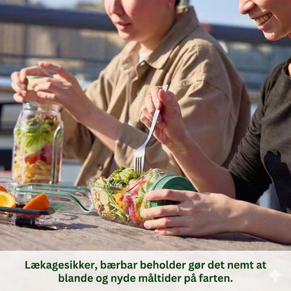 Bærbar salatboks – lækagesikker madkasse med ruminddeling og dressing beholder (tåler opvaskemaskine)