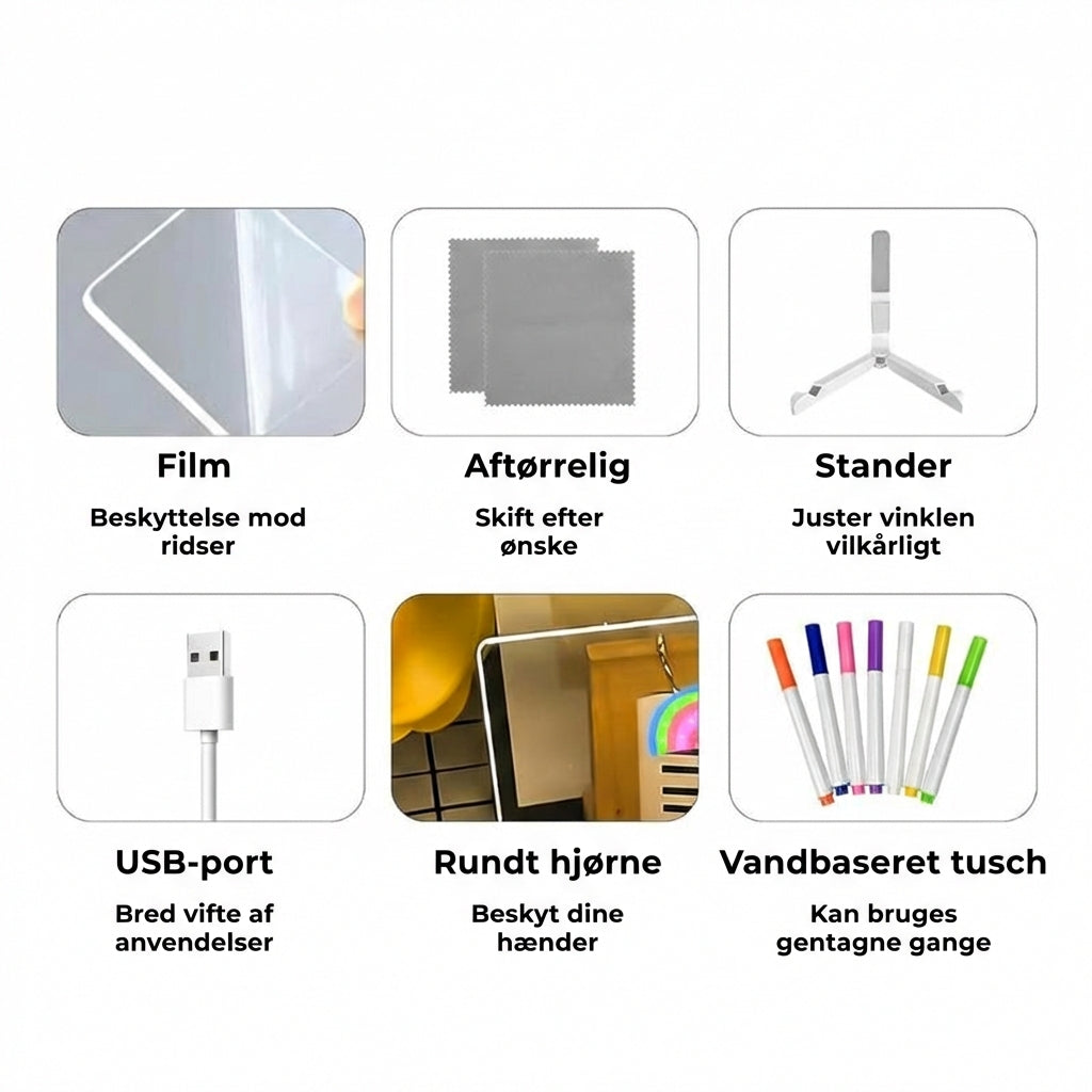 DoodleGlow™ magisk LED-tegneplade – lysende tegneplade til børn (med tuscher og skabeloner)