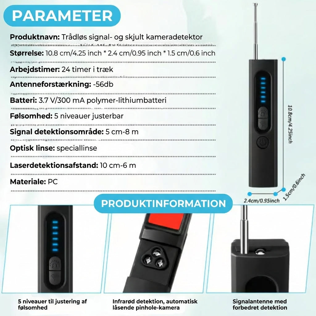 Detektor til skjulte kameraer, GPS-tracker-detektor og RF-signal scanner