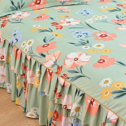 Luksuriøs sengeskørt – 3-delt sæt med 2 pudebetræk og dobbelte flæser (madrasovertræk)