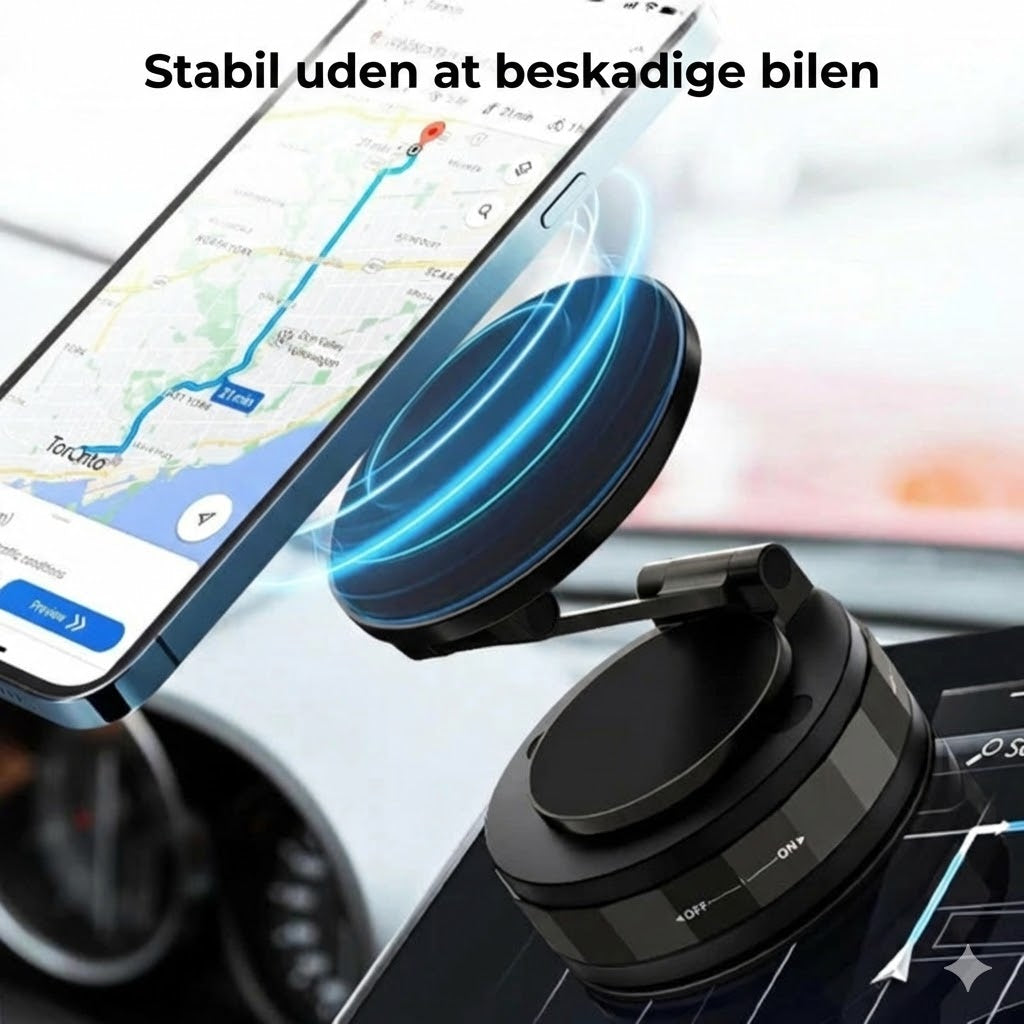 Magnetisk mobilholder til bilen – vakuumsug + magnetisk fastgørelse – 360° rotation – stabil montering på instrumentbræt og forrude