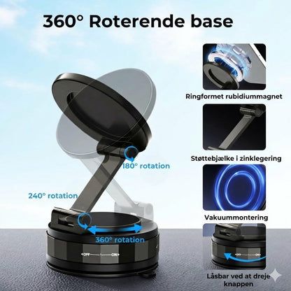 Magnetisk mobilholder til bilen – vakuumsug + magnetisk fastgørelse – 360° rotation – stabil montering på instrumentbræt og forrude