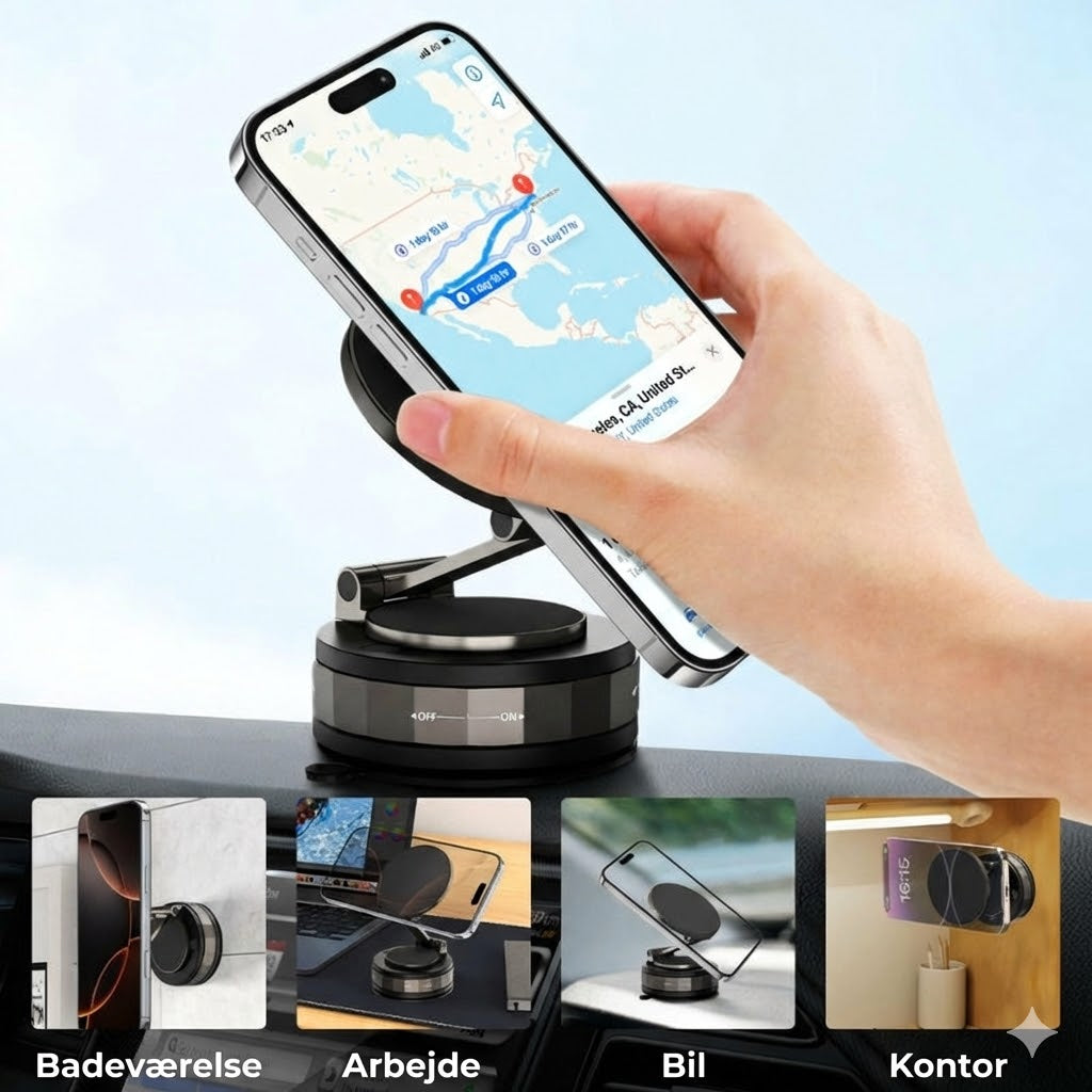 Magnetisk mobilholder til bilen – vakuumsug + magnetisk fastgørelse – 360° rotation – stabil montering på instrumentbræt og forrude