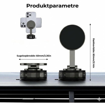 Magnetisk mobilholder til bilen – vakuumsug + magnetisk fastgørelse – 360° rotation – stabil montering på instrumentbræt og forrude