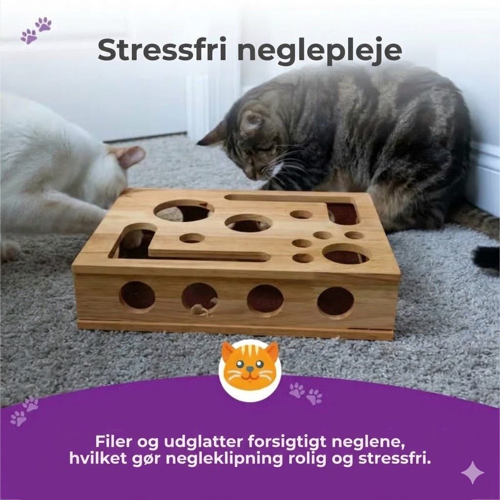Kradsetræ med neglefil til katte – nem negle trimning under leg (Puslespils Æske)