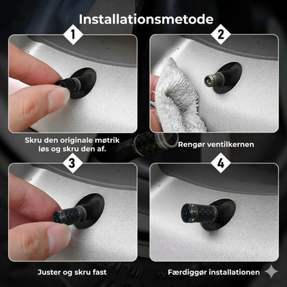 Luksus ventilhættesæt i kulfiberstil – Kulfiberlook – Universel til bil, motorcykel og cykel – Sporty hjulbeskyttelse – [4 stk.]