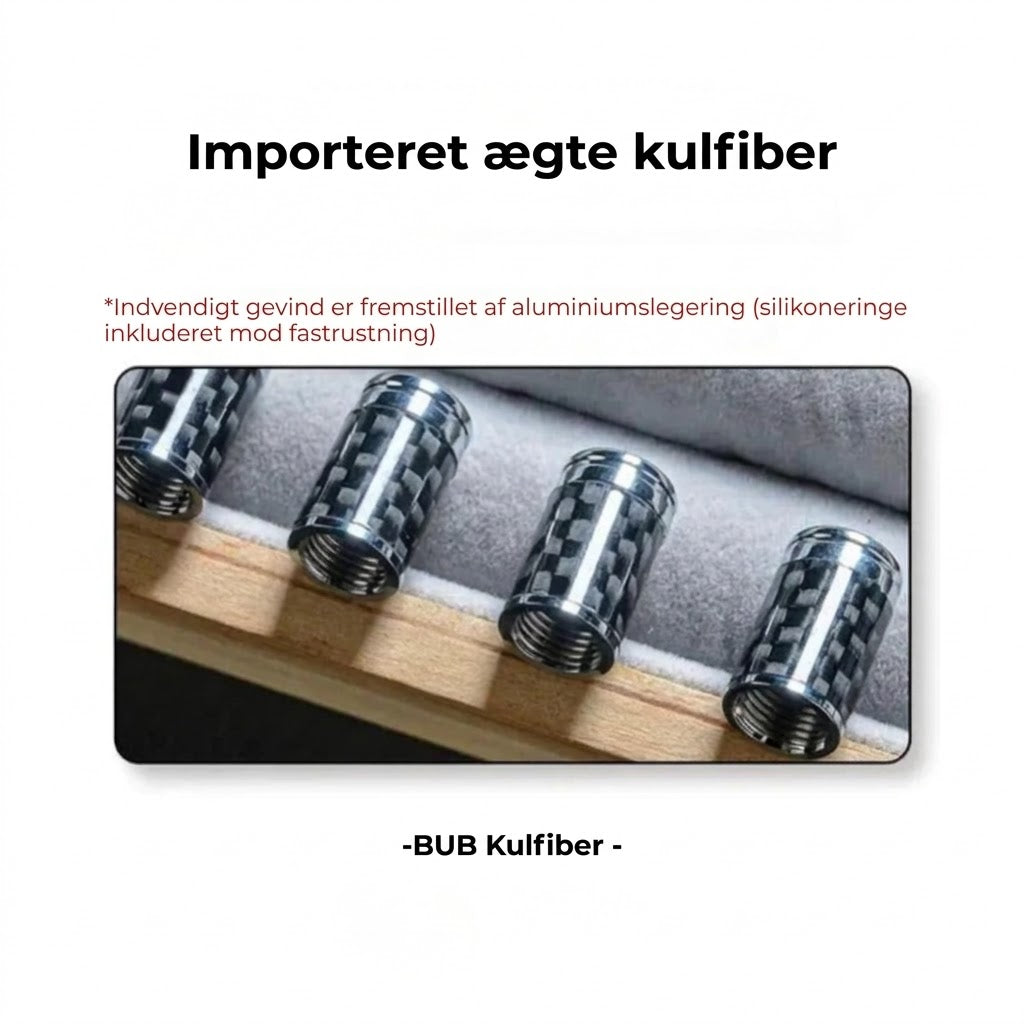 Luksus ventilhættesæt i kulfiberstil – Kulfiberlook – Universel til bil, motorcykel og cykel – Sporty hjulbeskyttelse – [4 stk.]