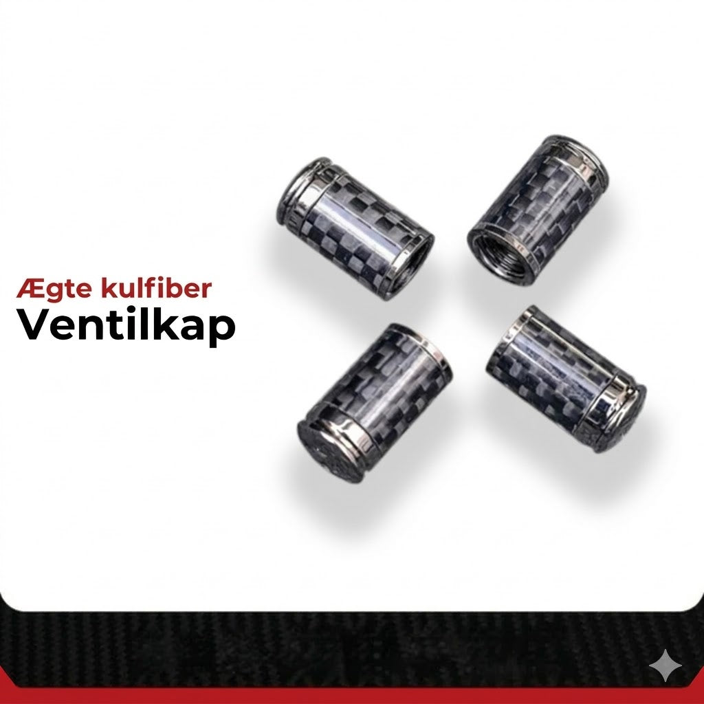Luksus ventilhættesæt i kulfiberstil – Kulfiberlook – Universel til bil, motorcykel og cykel – Sporty hjulbeskyttelse – [4 stk.]