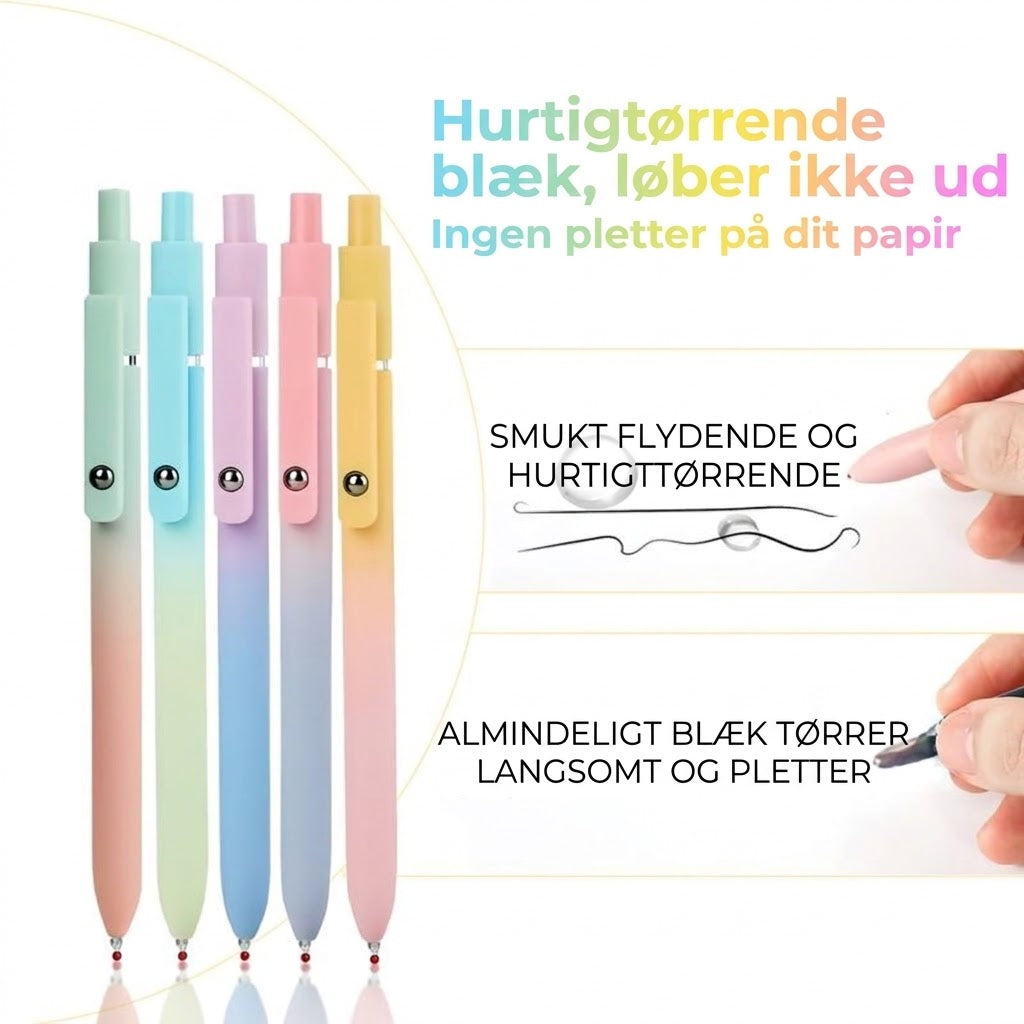 Luksus gelpennesæt (5 stk.) – Smukt gradientdesign – 0,5 mm hurtigtørrende blæk