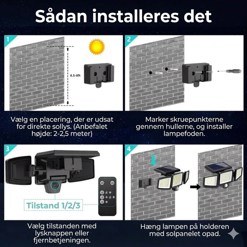 [200 LED-lys] Solcelle væglampe med bevægelsessensor – Udendørs solcellebelysning – IP65 vandtæt – 100% energibesparende