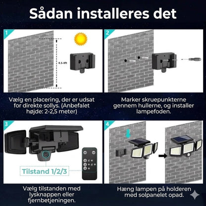[200 LED-lys] Solcelle væglampe med bevægelsessensor – Udendørs solcellebelysning – IP65 vandtæt – 100% energibesparende