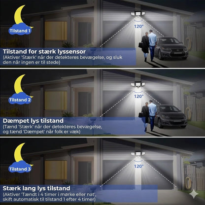 [200 LED-lys] Solcelle væglampe med bevægelsessensor – Udendørs solcellebelysning – IP65 vandtæt – 100% energibesparende