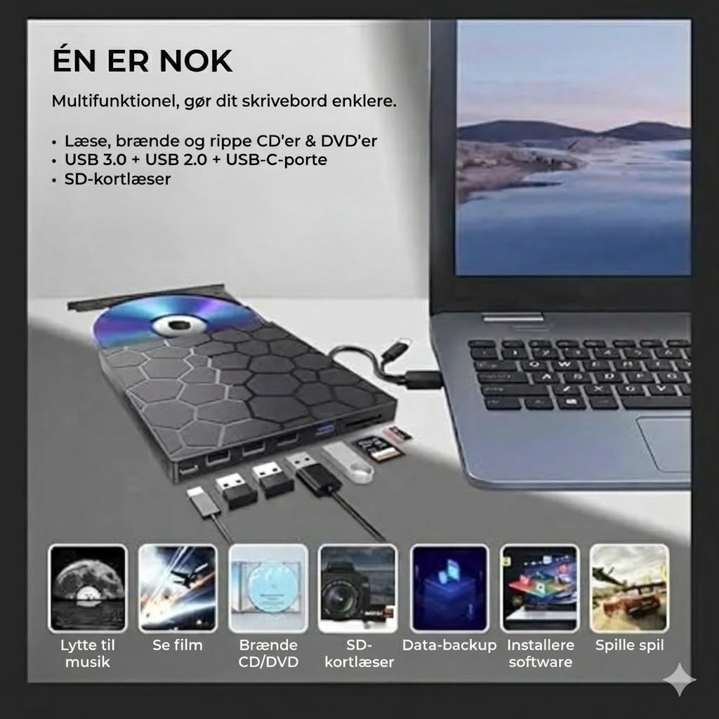 Ekstern DVD-afspiller og brænder 8-i-1 – med USB-hub