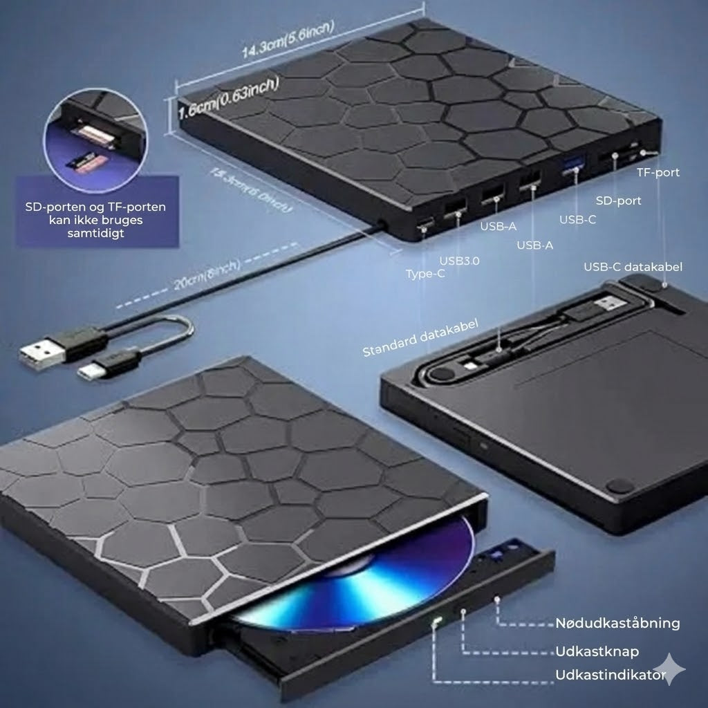 Ekstern DVD-afspiller og brænder 8-i-1 – med USB-hub