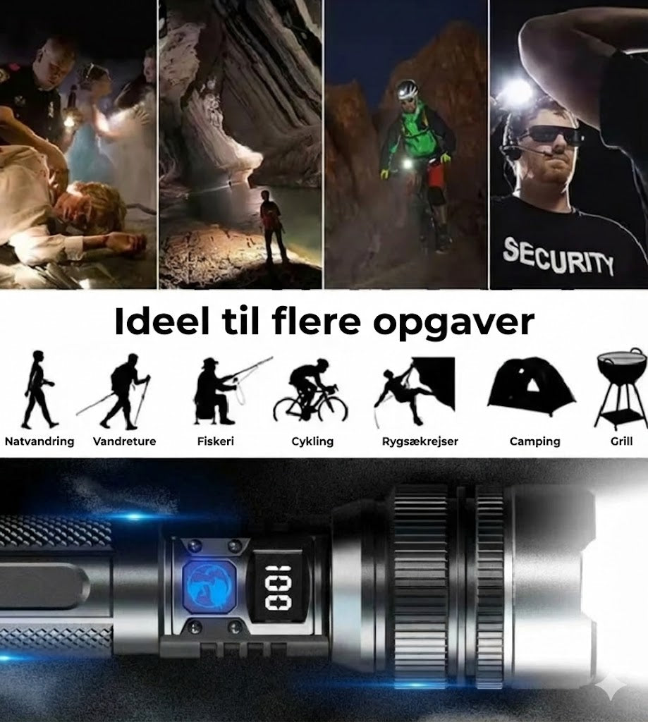 Taktisk lommelygte med powerbank-funktion