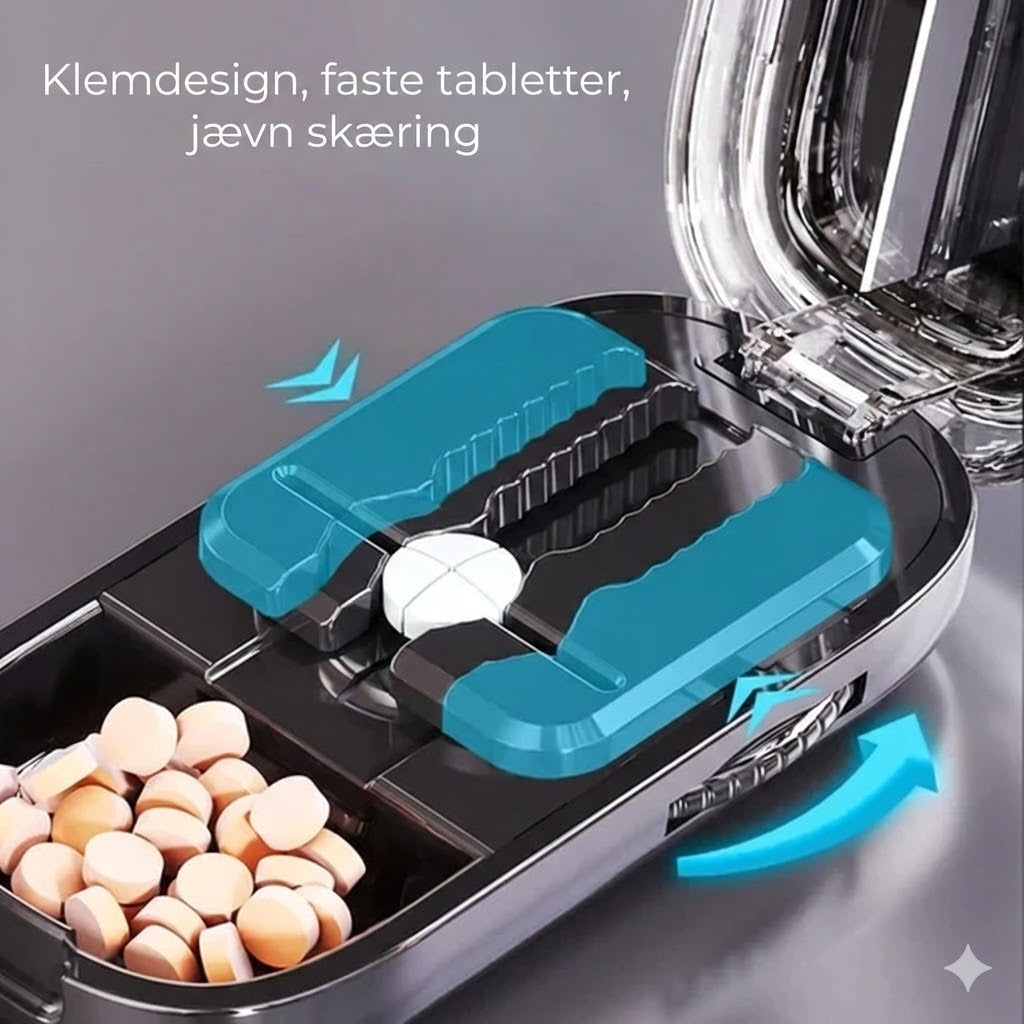 2-i-1 pilledeler og pilleknuser – justerbar til forskellige størrelser – præcis skæring – transparent