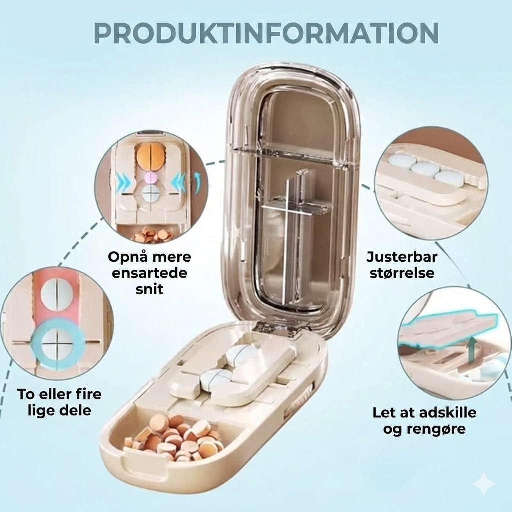 2-i-1 pilledeler og pilleknuser – justerbar til forskellige størrelser – præcis skæring – transparent