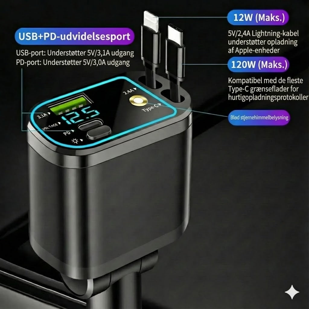 5-i-1 billader til for- og bagsæde – med forlængerkabel